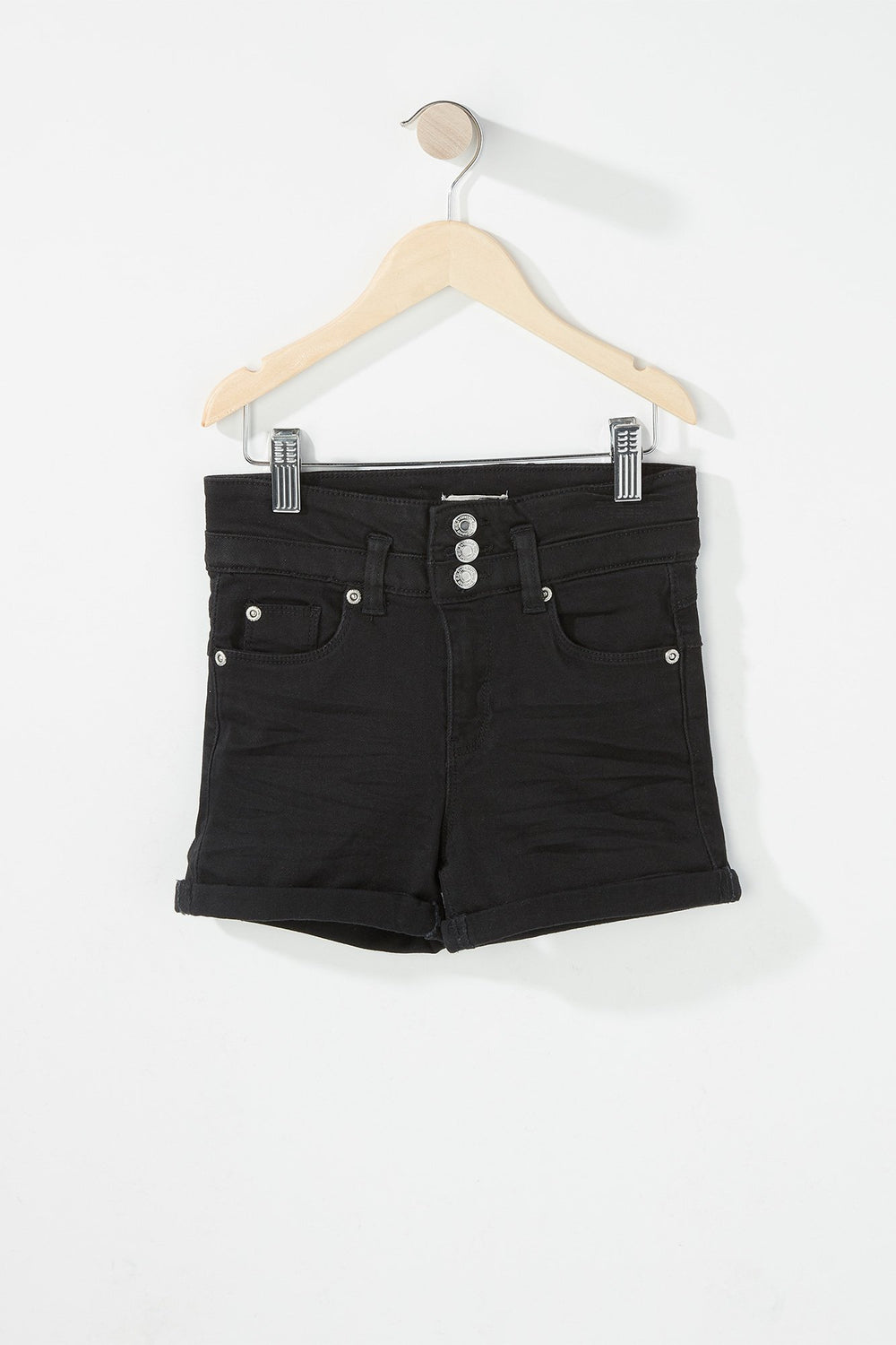 Kids Girls 3-Tier High-Rise Coloured Roll-Up Denim Short Black