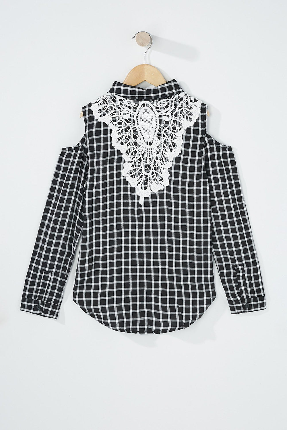 Kids Girls Cold Shoulder Crochet Back Plaid Long Sleeve Blouse Black