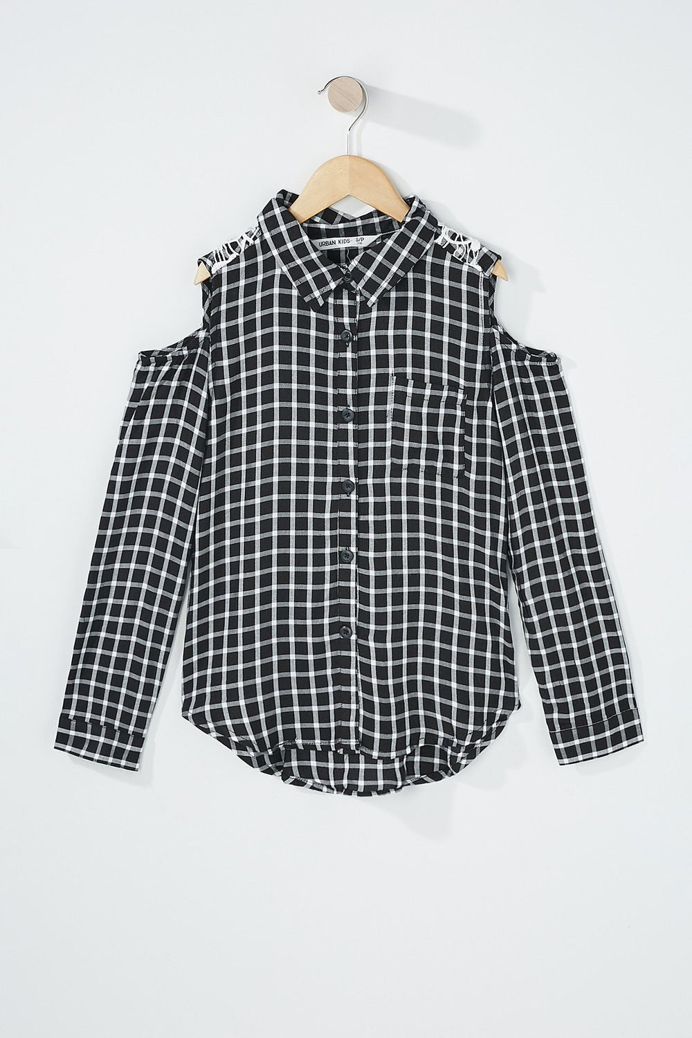 Kids Girls Cold Shoulder Crochet Back Plaid Long Sleeve Blouse Black