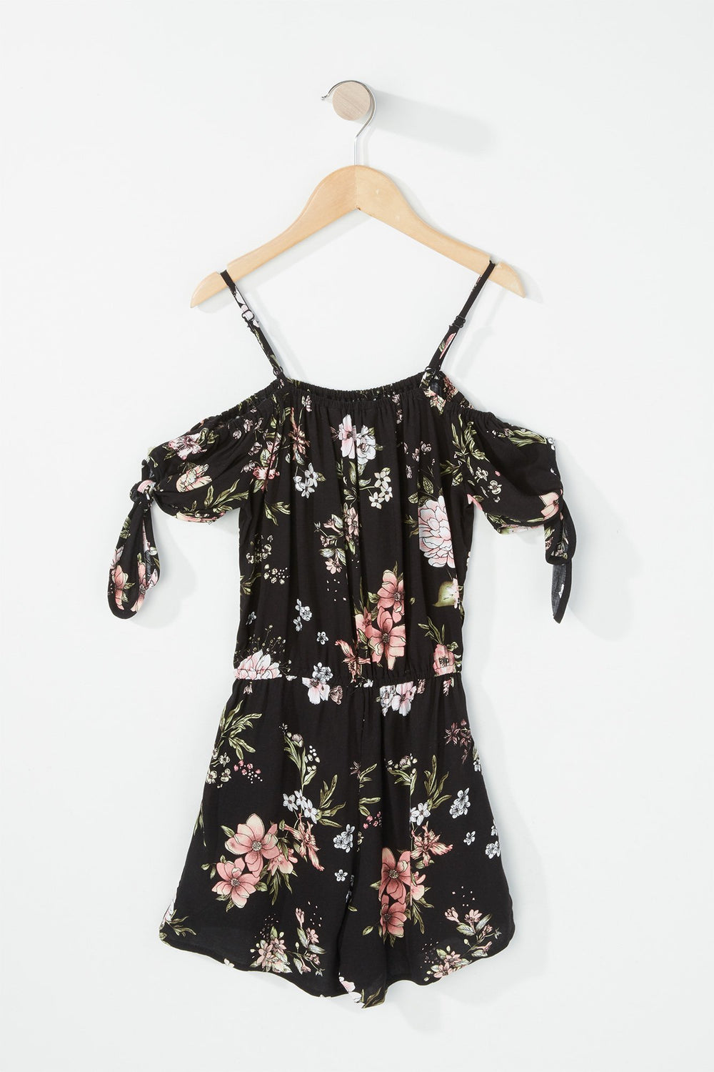 Kids Girls Cold Shoulder Self-Tie Sleeve Floral Romper Black