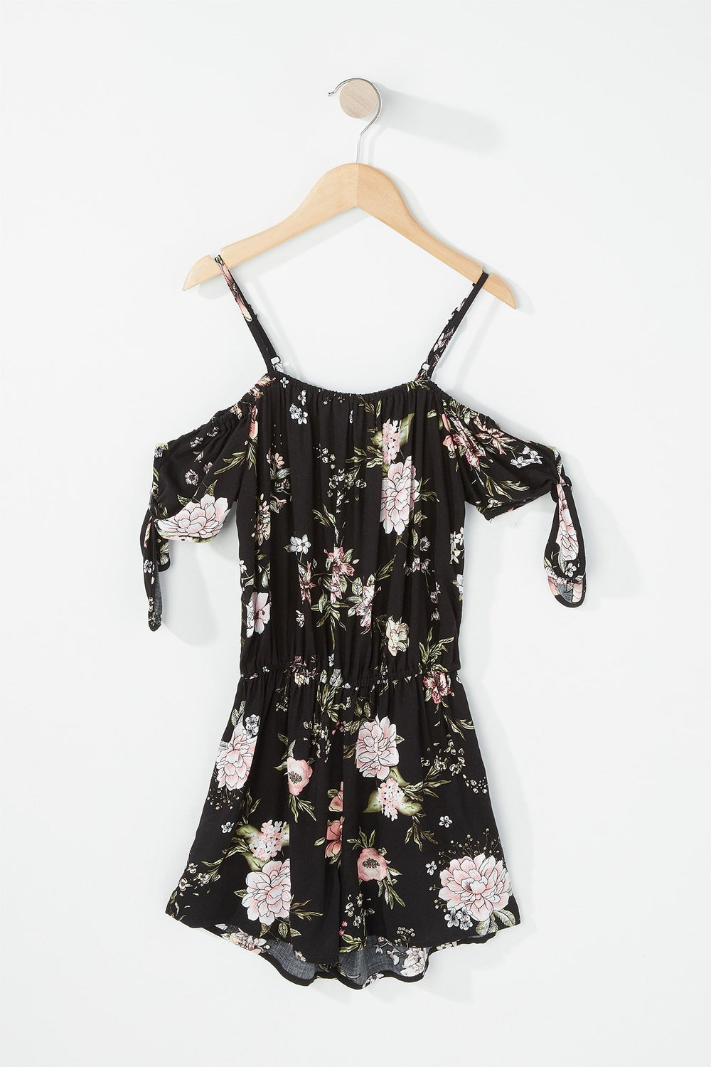 Kids Girls Cold Shoulder Self-Tie Sleeve Floral Romper Black