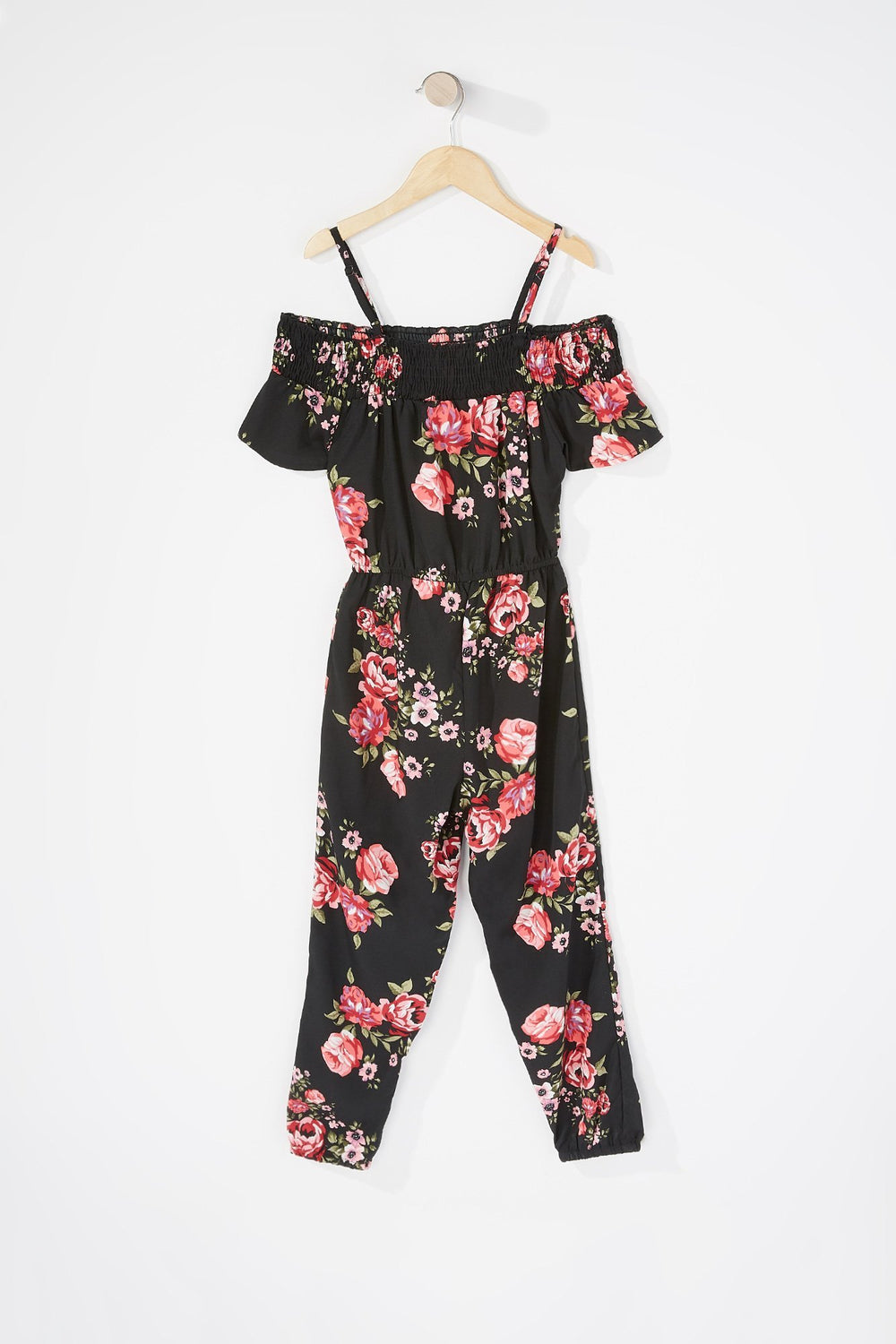 Kids Girls Cold Shoulder Smocked Printed Jumpsuit Black