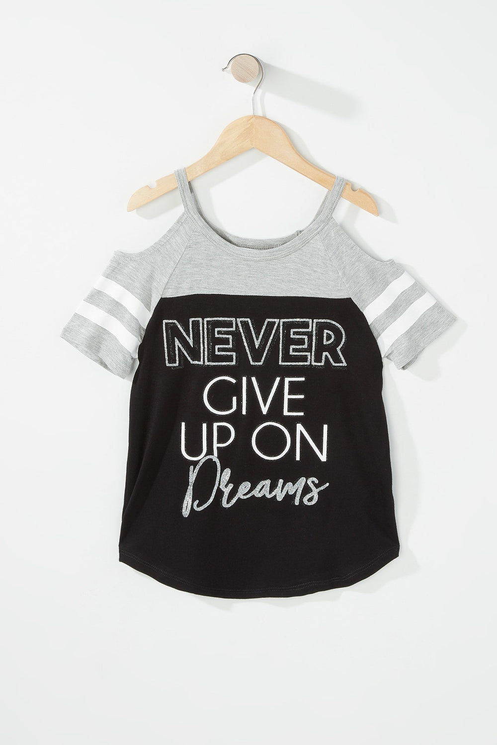 Kids Girls Cold Shoulder Varsity Striped Graphic T-Shirt Black