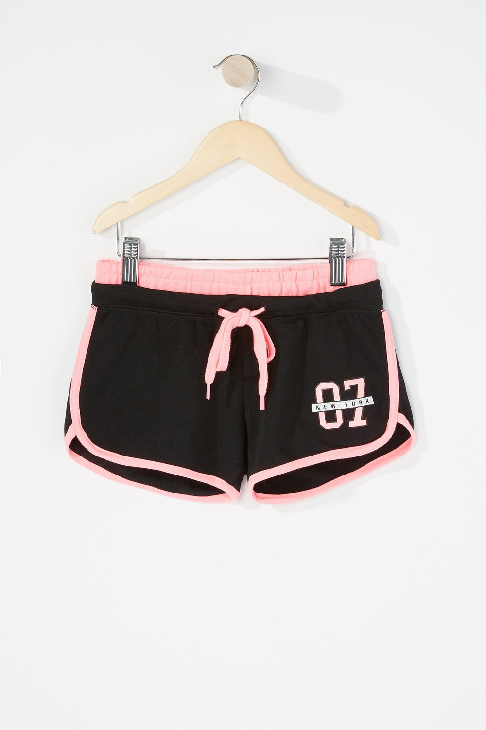 Kids Girls Contrast Graphic Dolphin Hem Drawstring Short Black