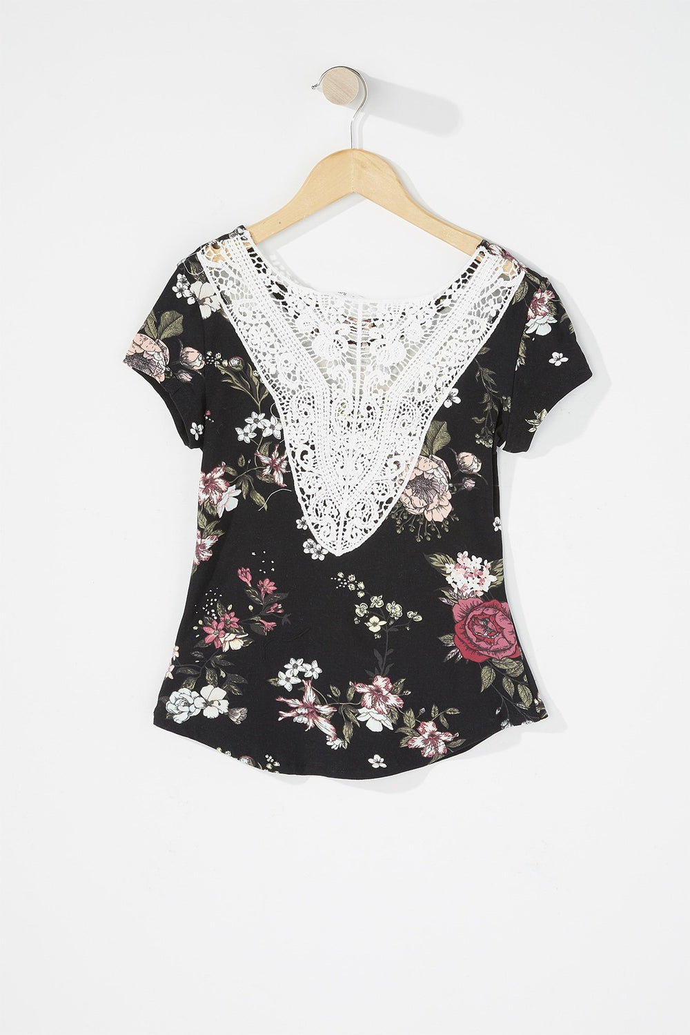 Kids Girls Crochet Back Caged Neck Floral T-Shirt Black