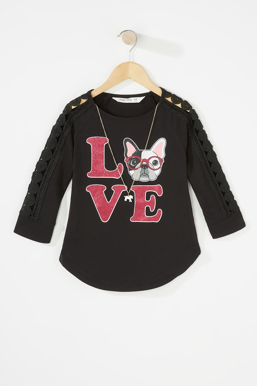 Kids Girls Crochet Side Stripe Graphic Long Sleeve With Necklace Black