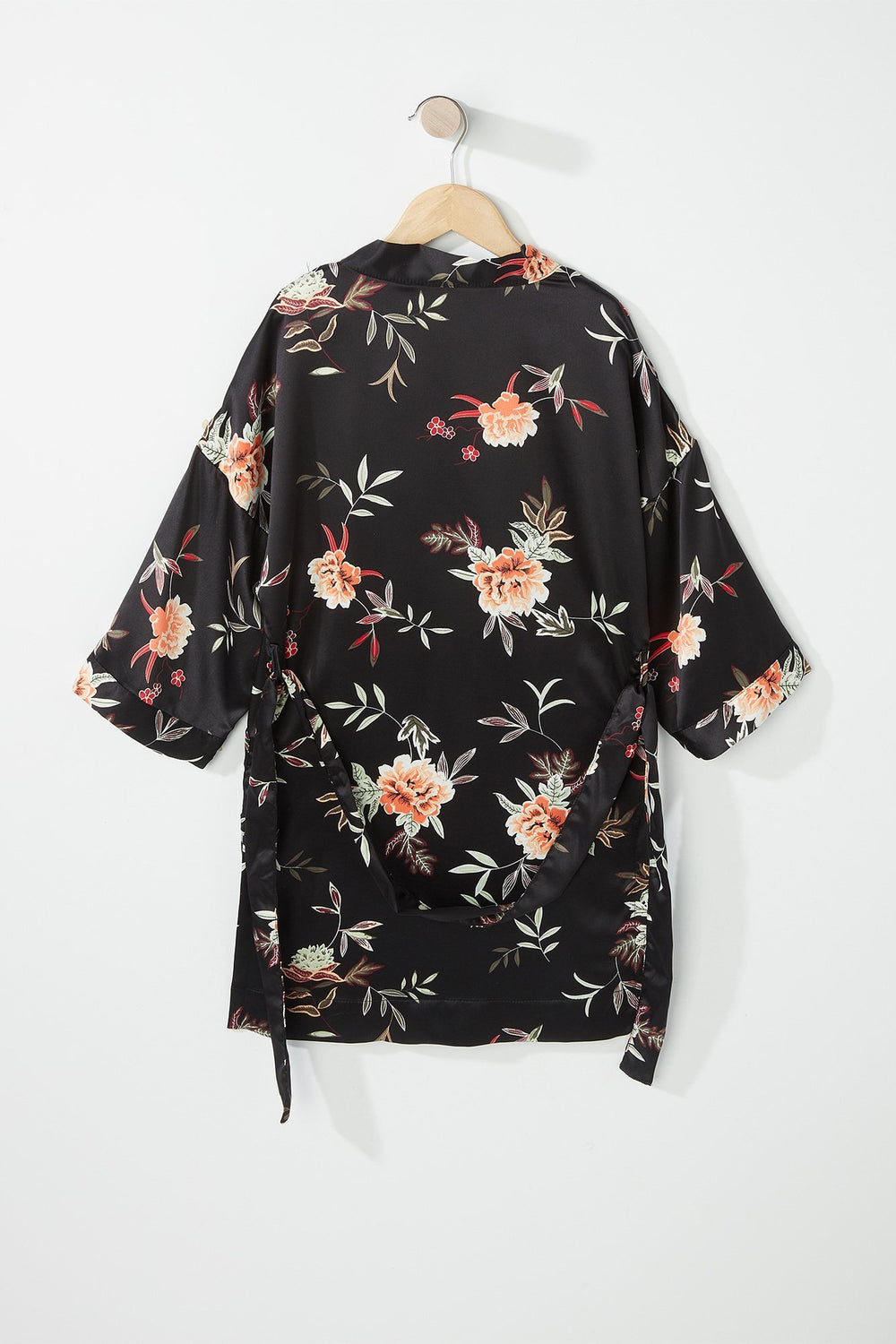 Kids Girls Floral Belted Kimono Black