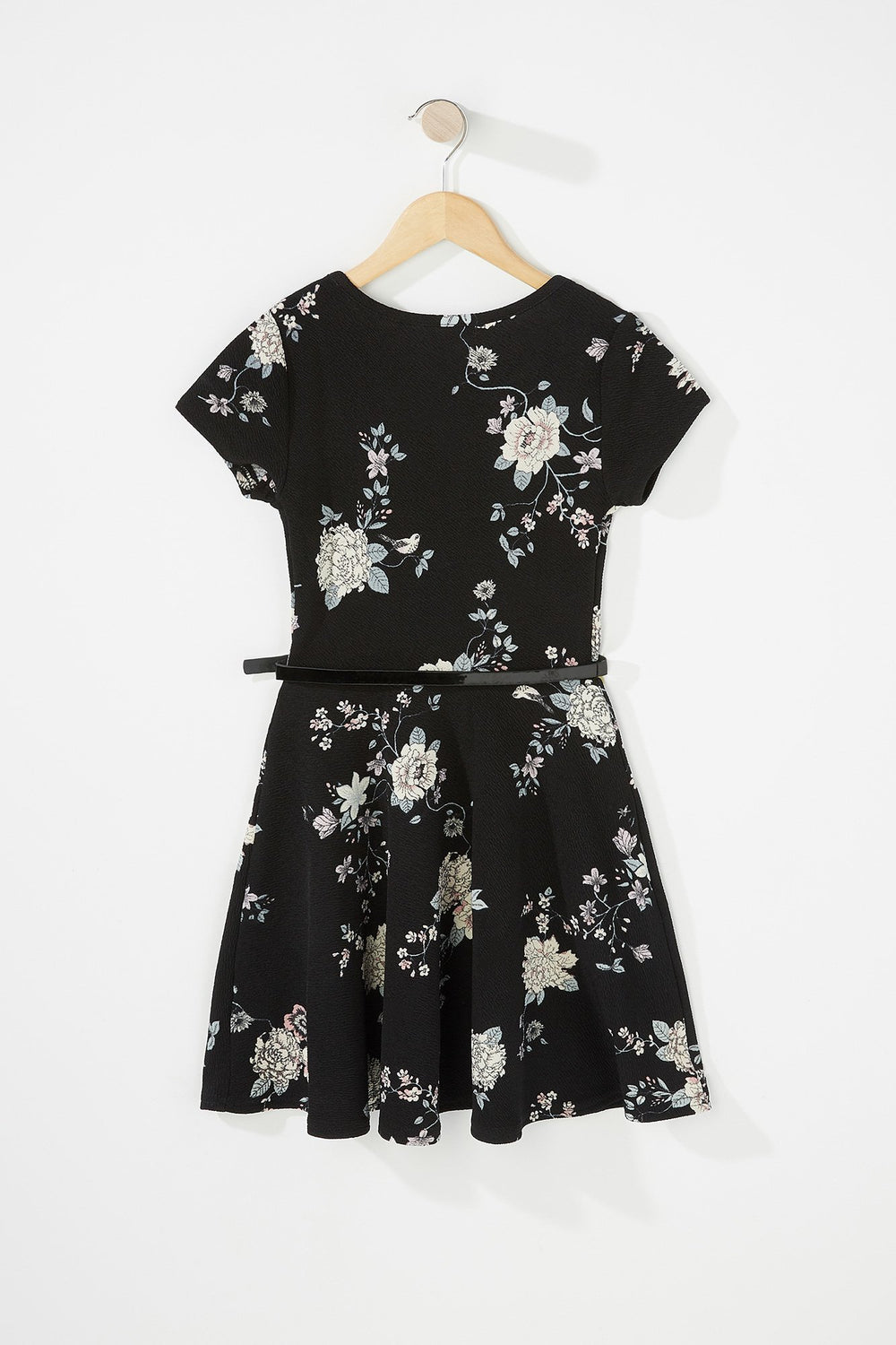 Kids Girls Floral Belted Pleated Dress Black