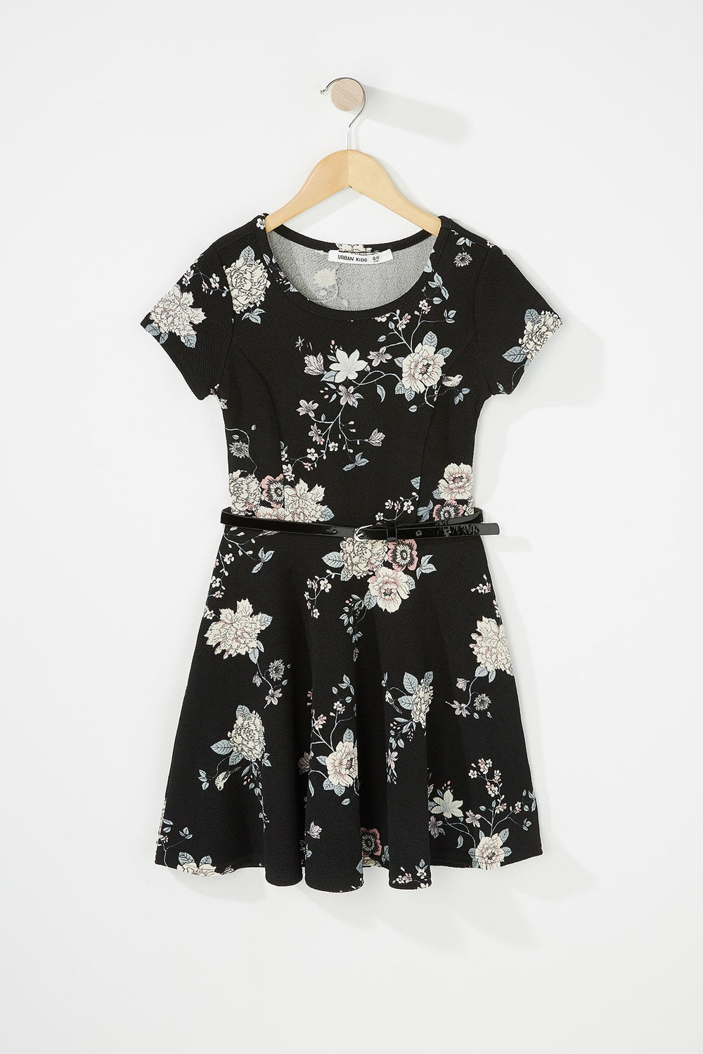 Kids Girls Floral Belted Pleated Dress Black