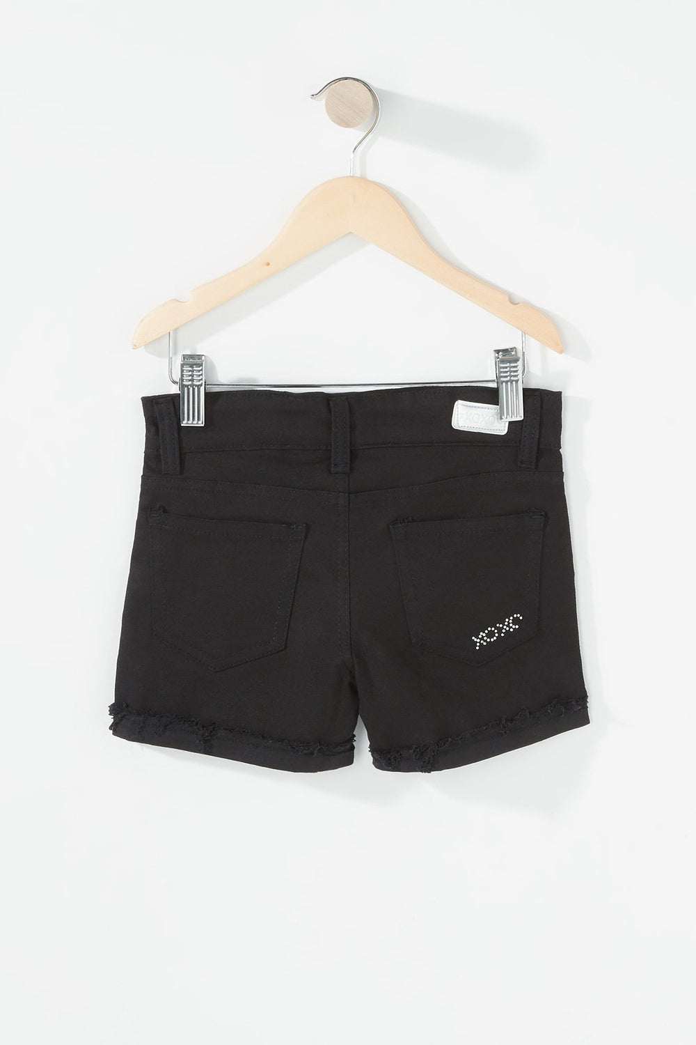 Kids Girls Floral Embroidered Frayed Hem Denim Short Black