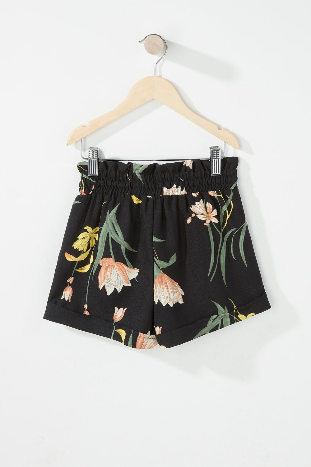 Kids Girls Floral Ruffle Drawstring Paperbag Short Black