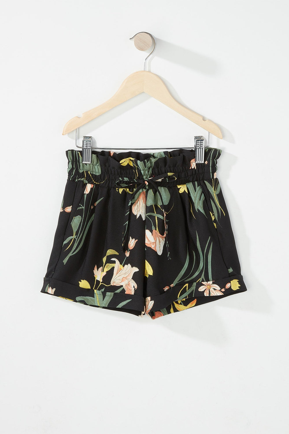 Kids Girls Floral Ruffle Drawstring Paperbag Short Black