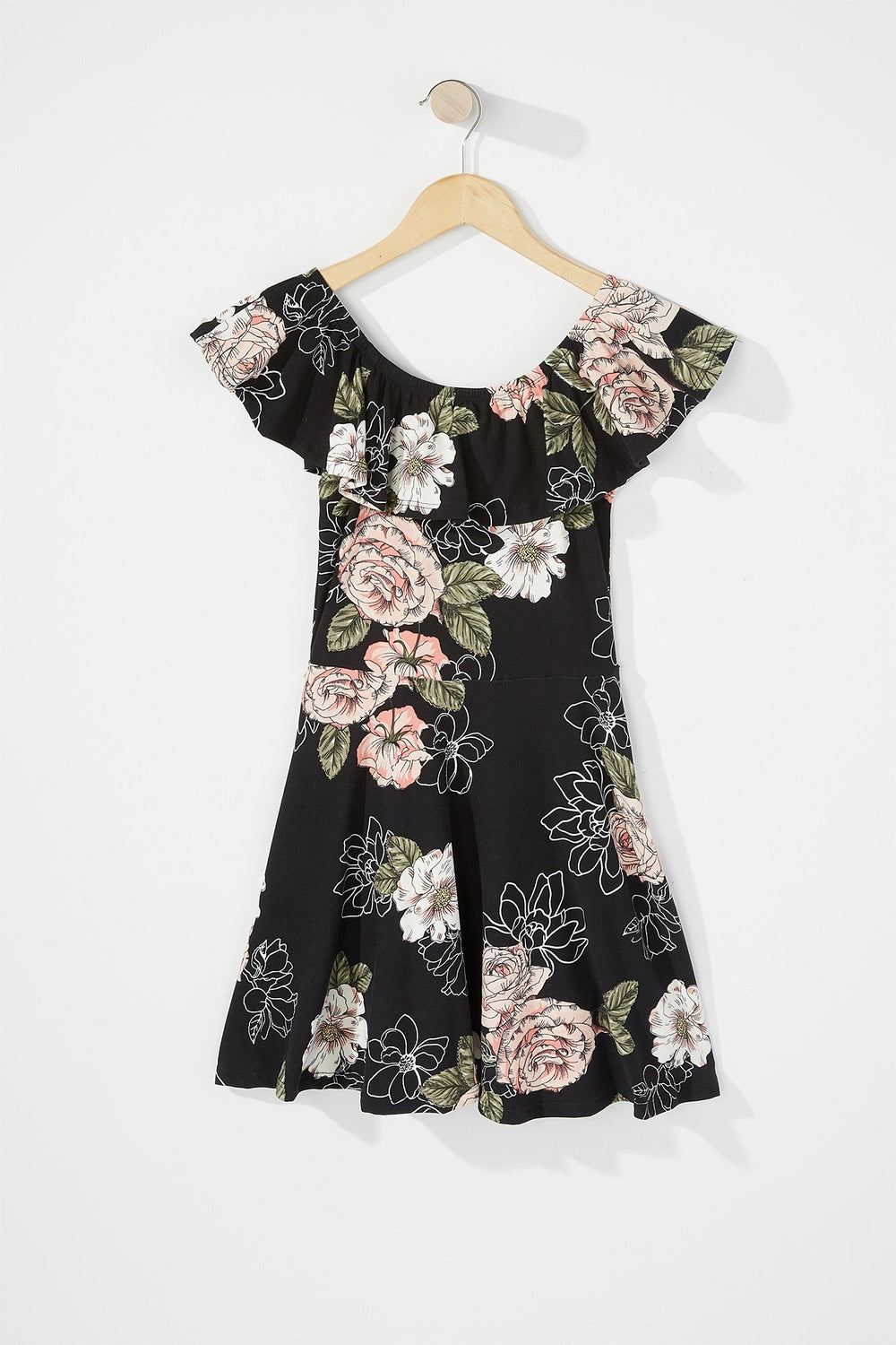 Kids Girls Floral Ruffle Off The Shoulder Pleated Dress Black