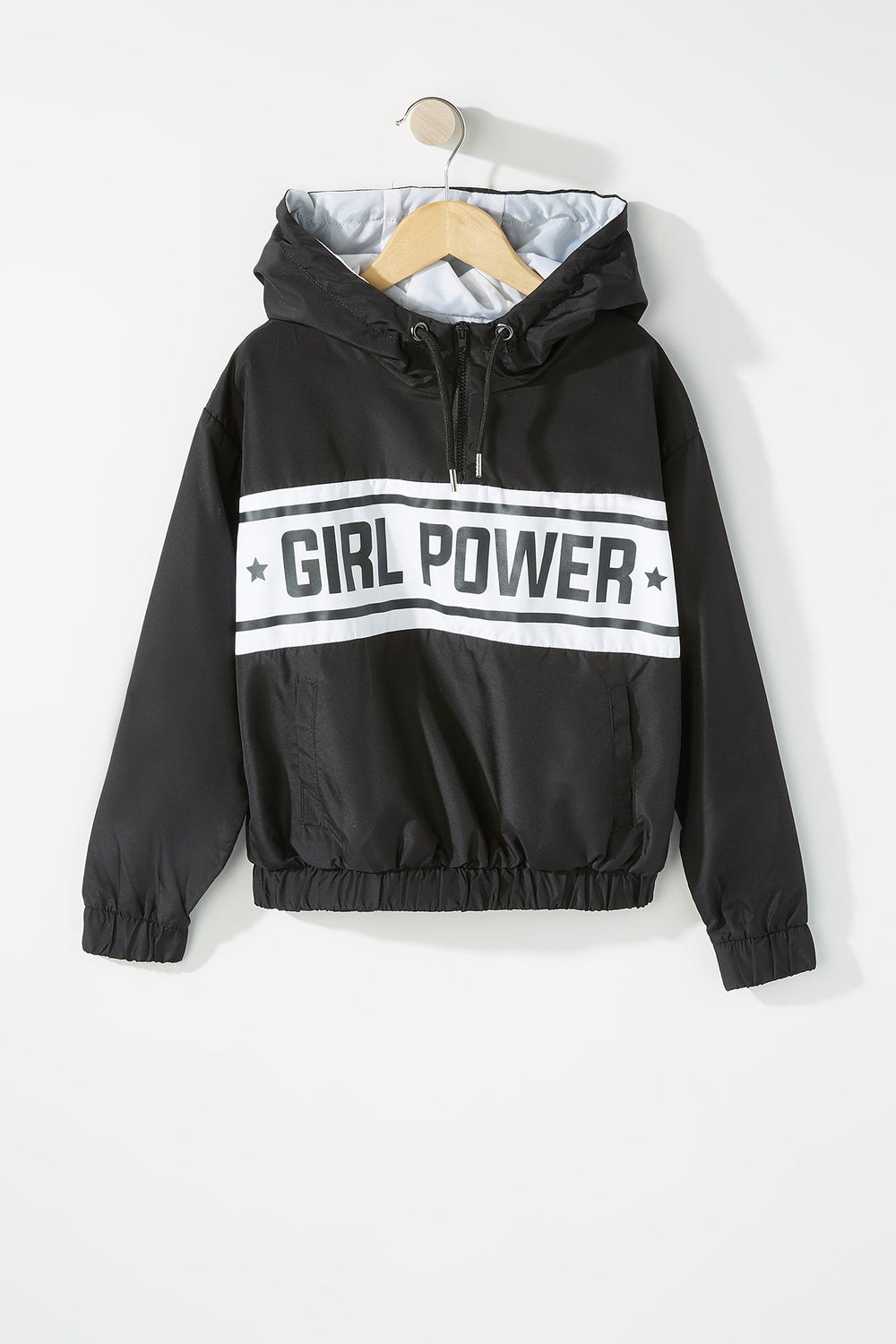 Kids Girls Half-Zip Graphic Drawstring Hooded Windbreaker Black