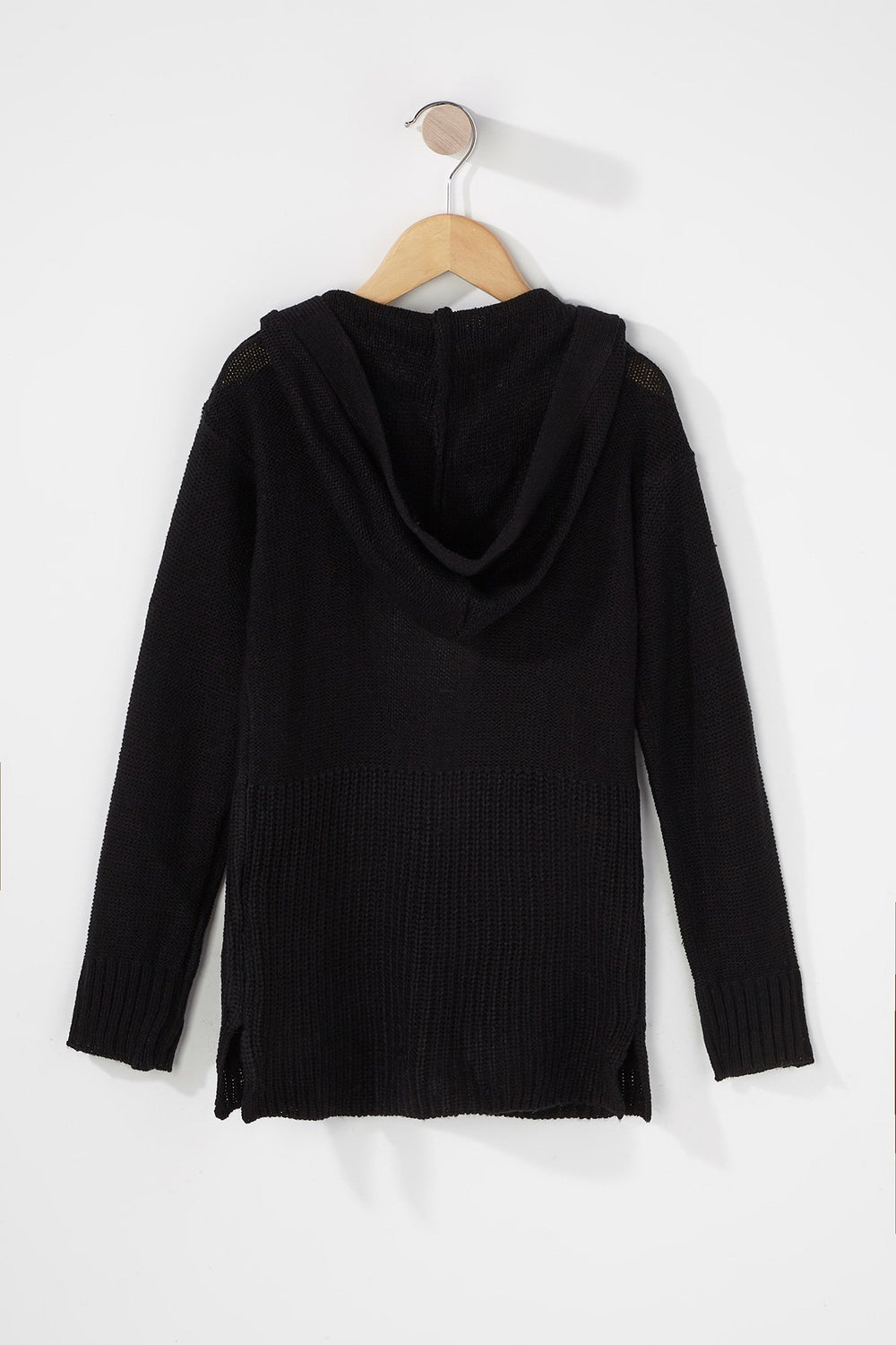 Kids Girls Knit Open-Front Hooded Cardigan Black