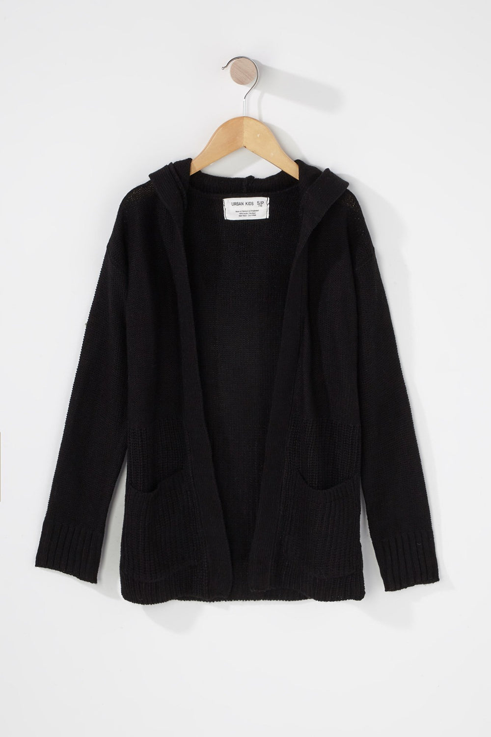 Kids Girls Knit Open-Front Hooded Cardigan Black