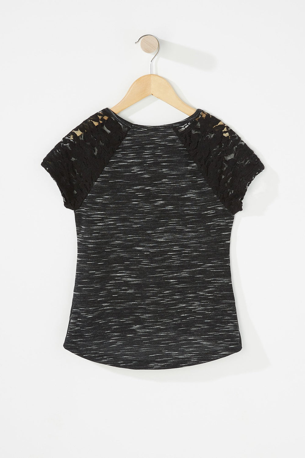 Kids Girls Lace Sleeve Front-Knot T-Shirt With Necklace Black