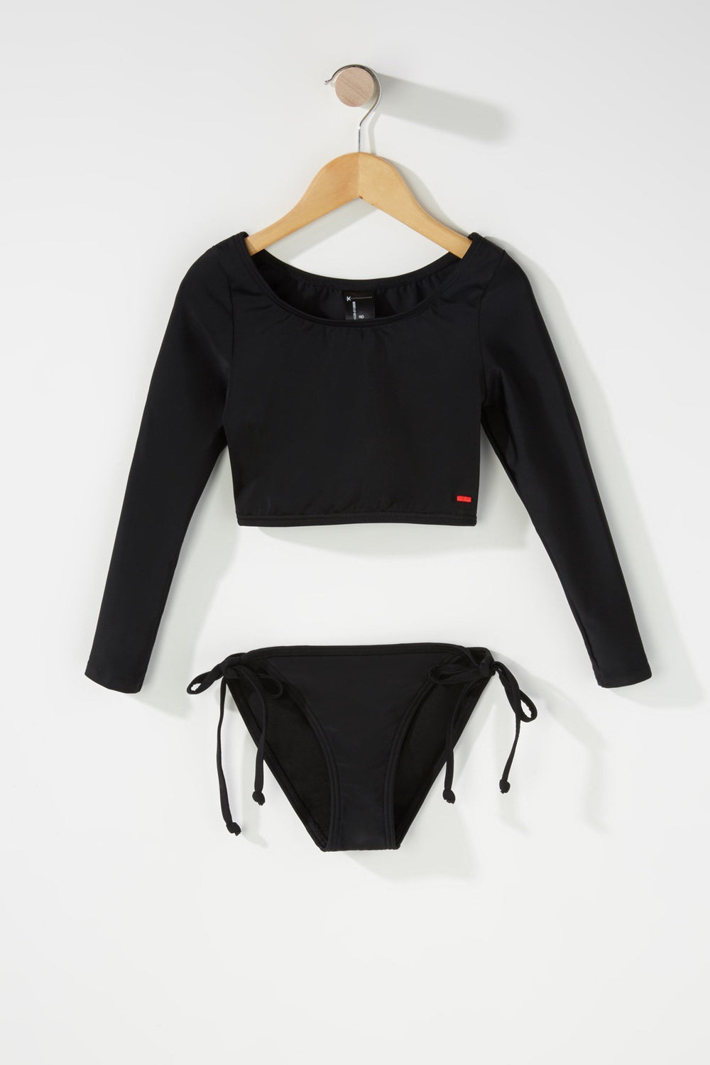 Kids Girls Long Sleeve Self-Tie Two-Piece Swimsuit Black