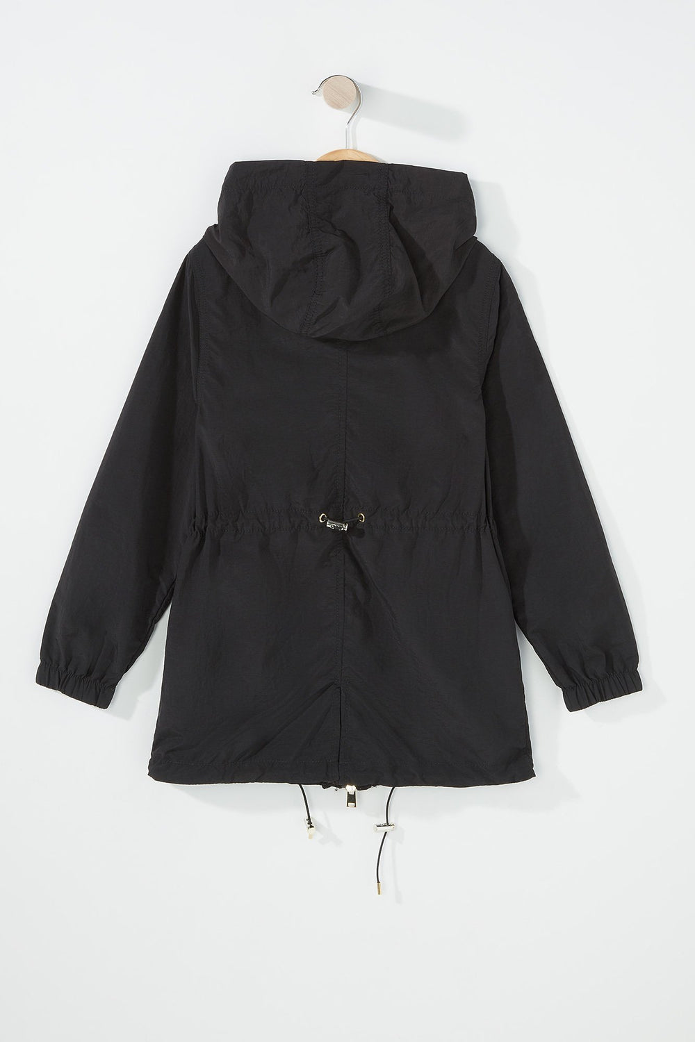 Kids Girls Nylon Drawstring Longline Hooded Windbreaker Black