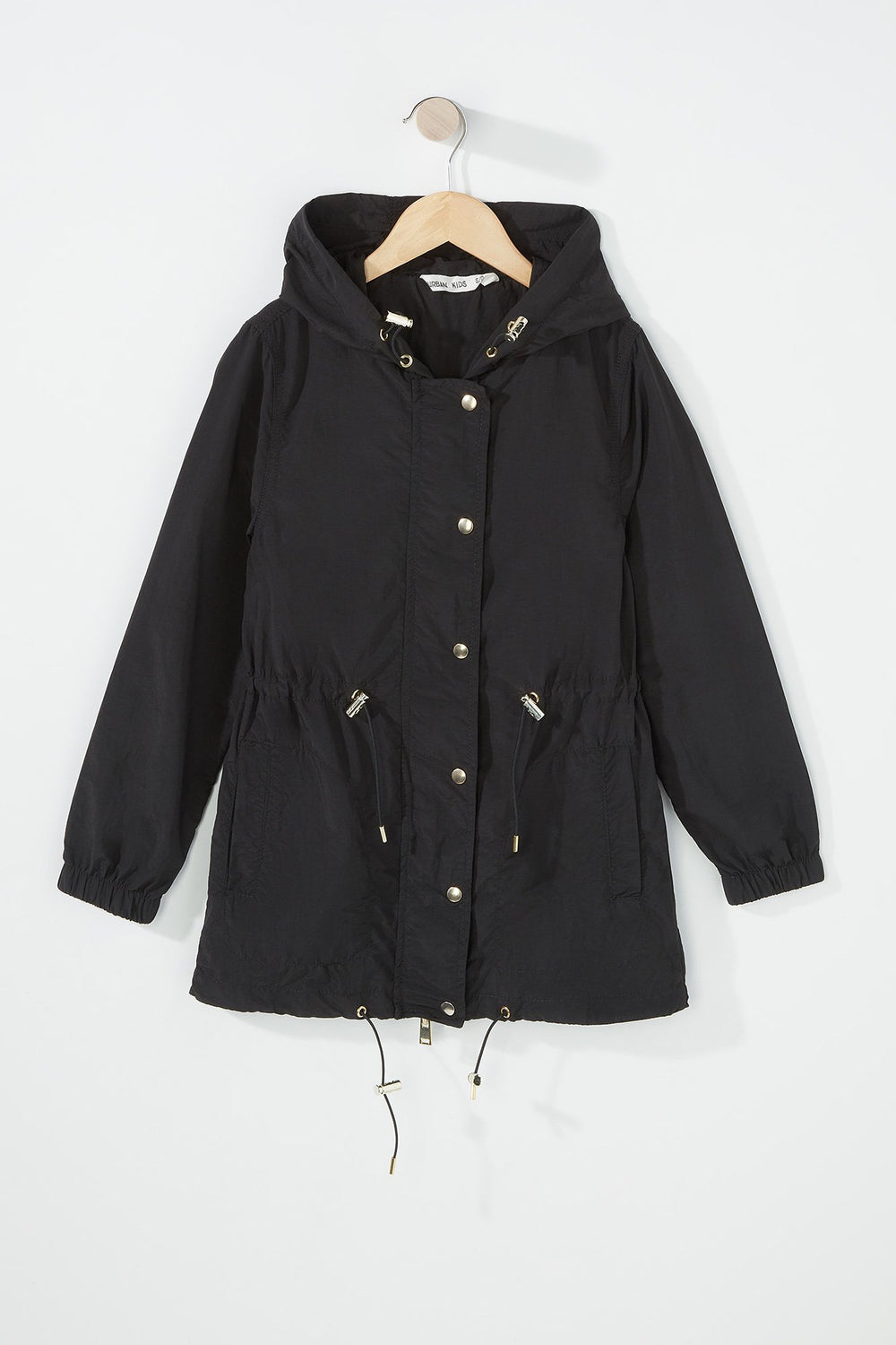 Kids Girls Nylon Drawstring Longline Hooded Windbreaker Black