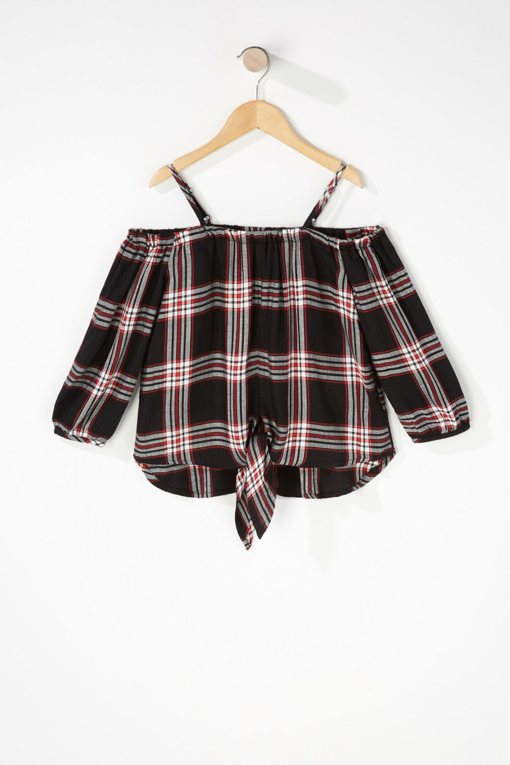 Kids Girls Off The Shoulder Self-Tie Front Knot Plaid Blouse Black