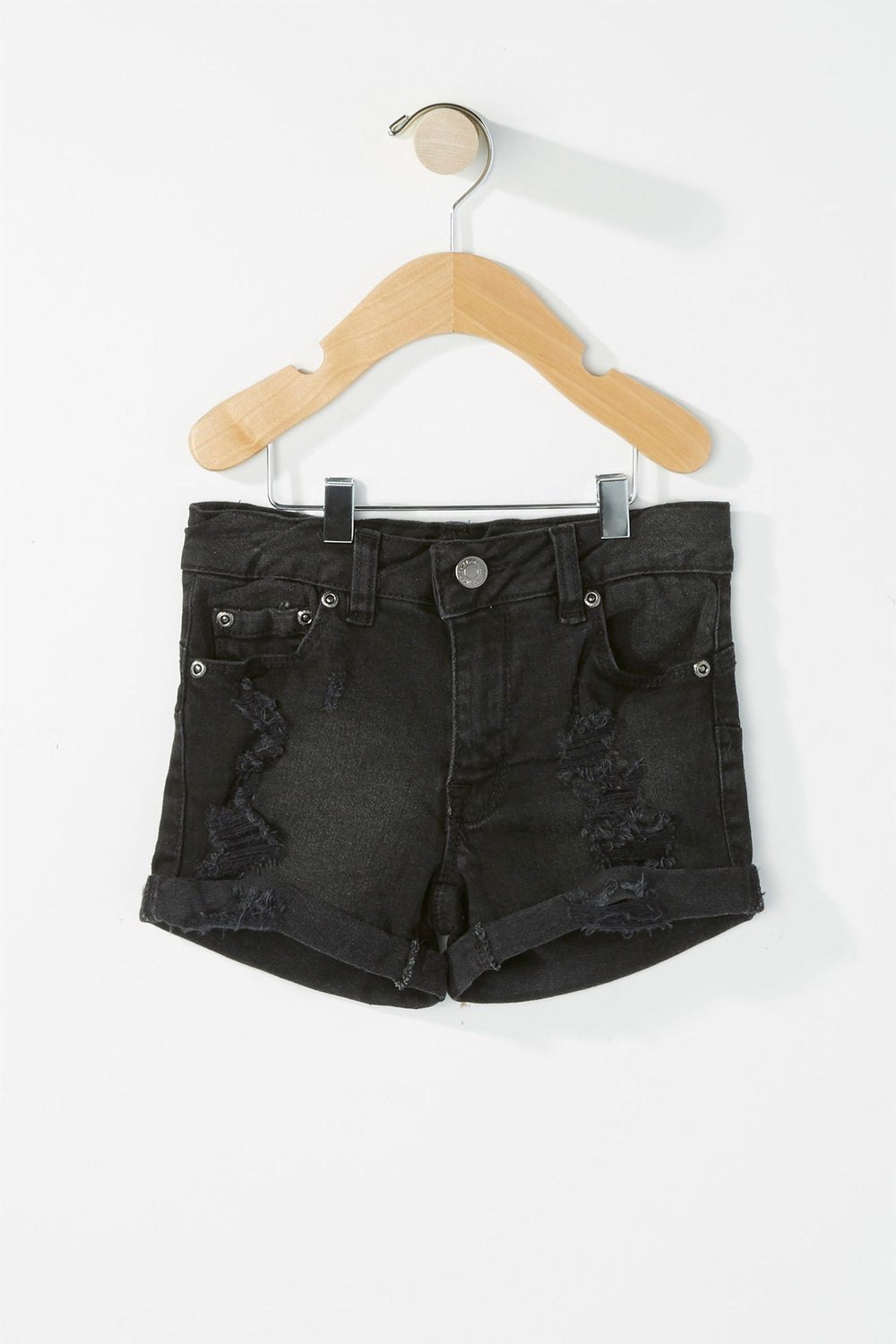 Kids Girls Roll-Up Distressed Denim Short Black