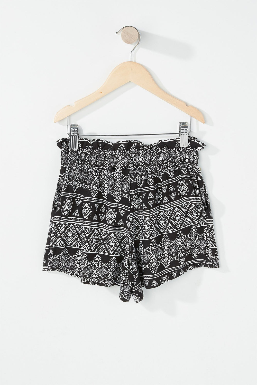 Kids Girls Ruffle Printed Paperbag Self-Tie Short Black