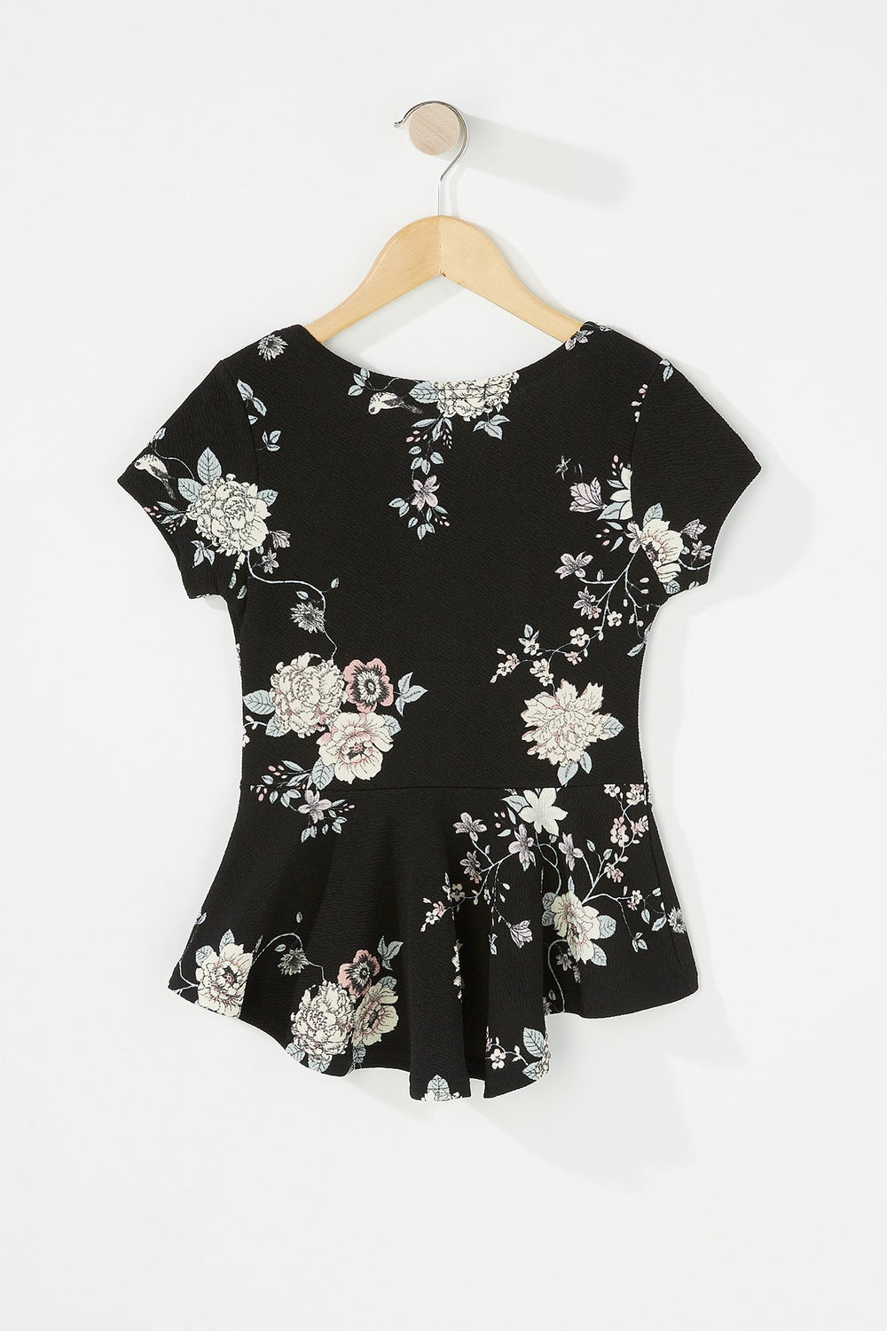 Kids Girls Scoop Neck Floral Peplum T-Shirt With Necklace Black