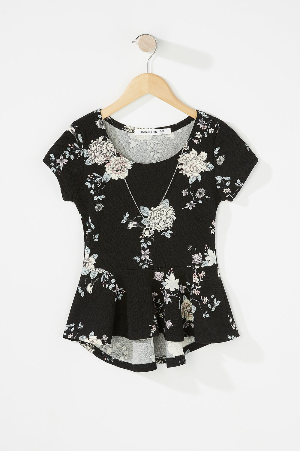 Kids Girls Scoop Neck Floral Peplum T-Shirt With Necklace Black