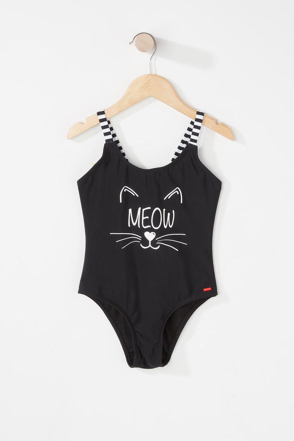 Kids Girls Striped Cat Meow Graphic One-Piece Swimsuit Black