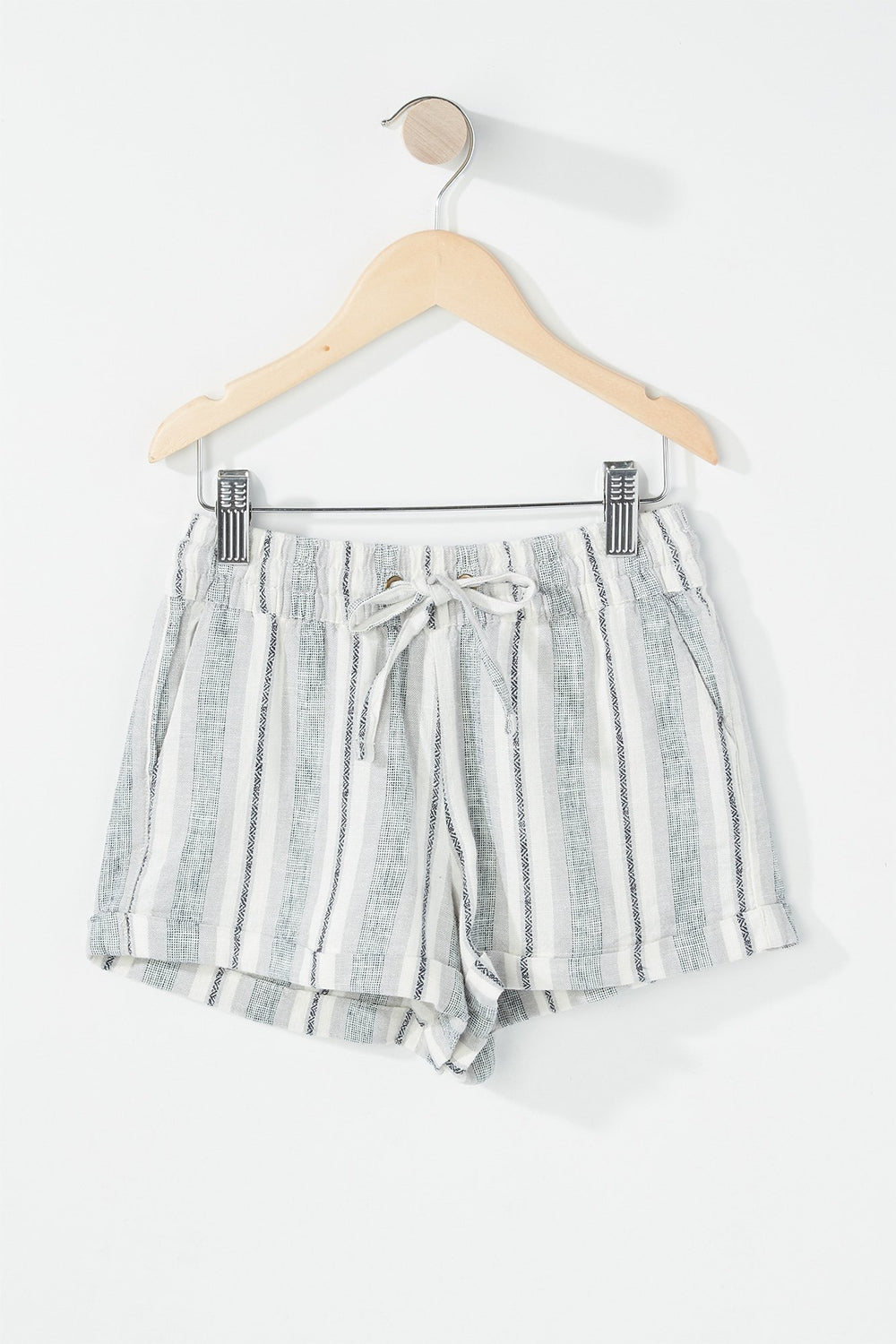 Kids Girls Striped Drawstring Linen Short Black