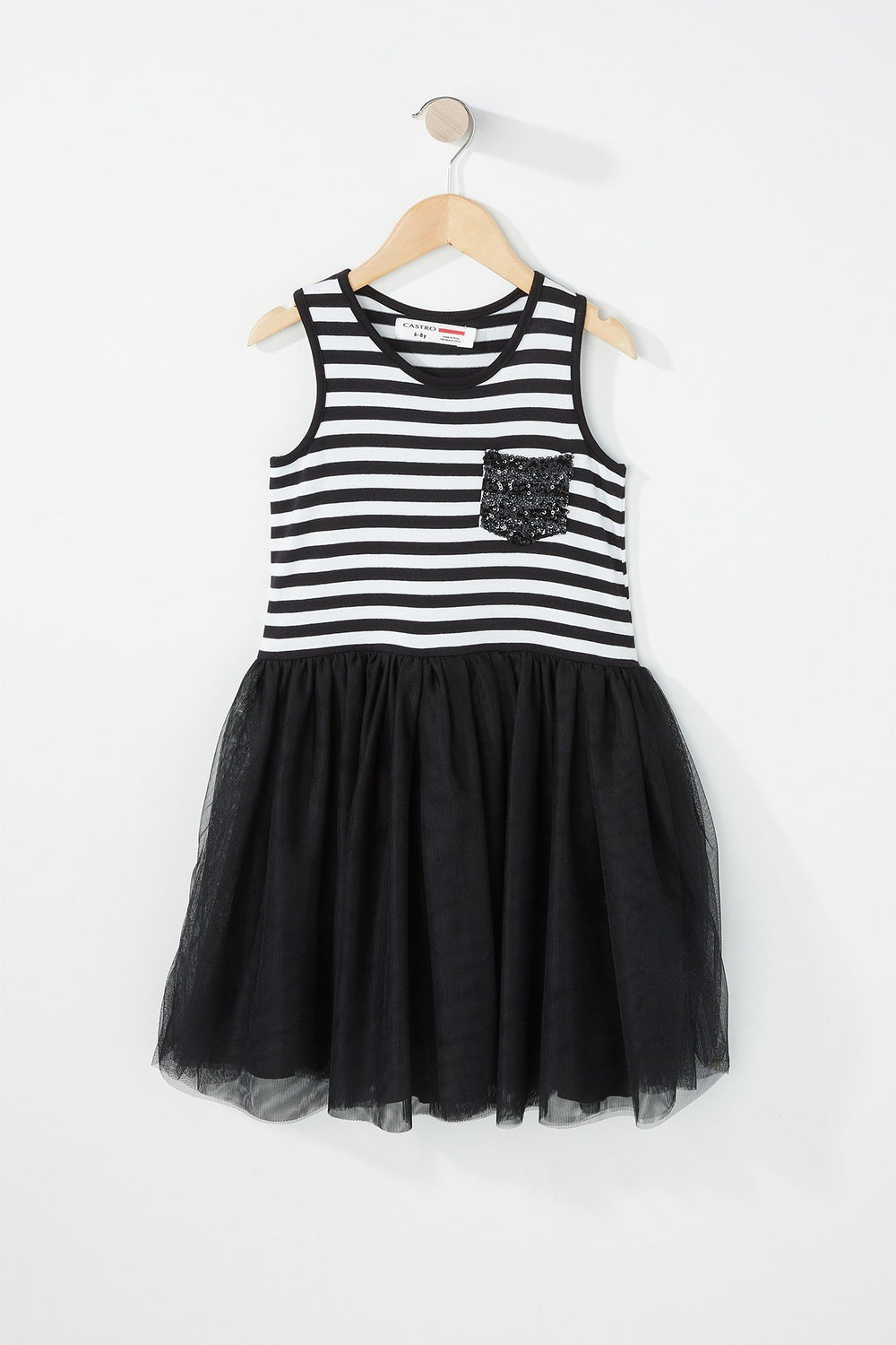 Kids Girls Striped Sequin Pocket Tutu Dress Black
