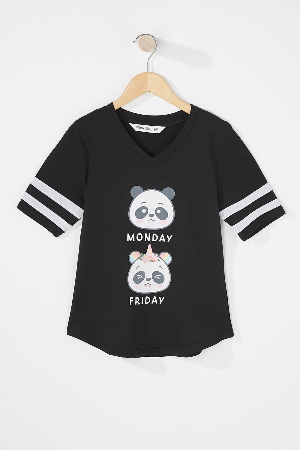 Kids Girls V-Neck Varsity Striped Graphic T-Shirt Black