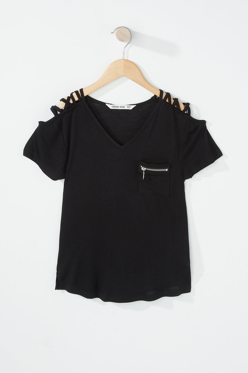 Kids Girls V-Neck Zipper Pocket Caged T-Shirt Black