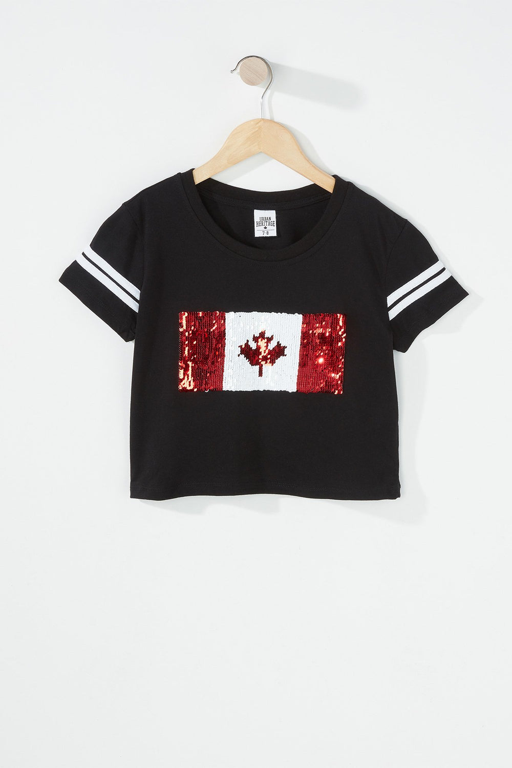 Kids Girls Varsity Striped Reversible Sequins Canada Cropped T-Shirt Black