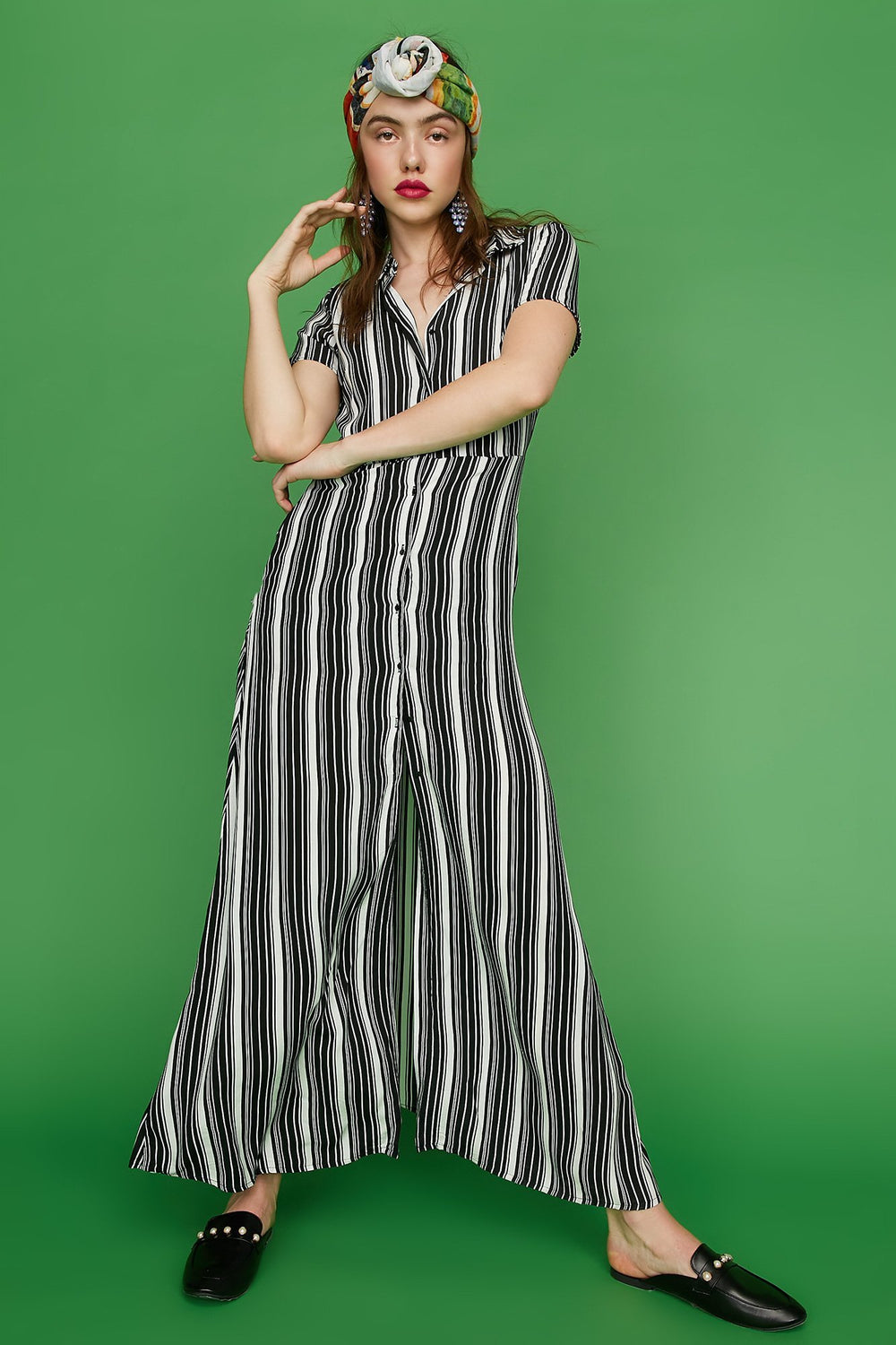Women 2-Way Printed Longline Button-Up Maxi Dress Black with White