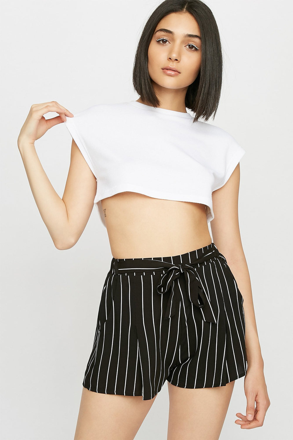 Women High-Rise Striped Self-Tie Lightweight Short Black with White