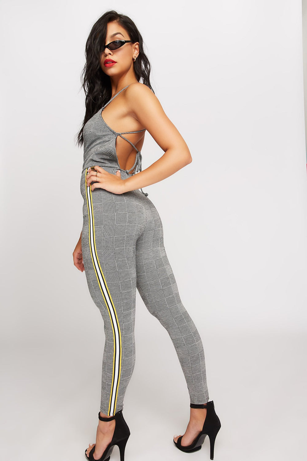 Women Lace-Up Back Plaid Side Stripe Jumpsuit Black with White