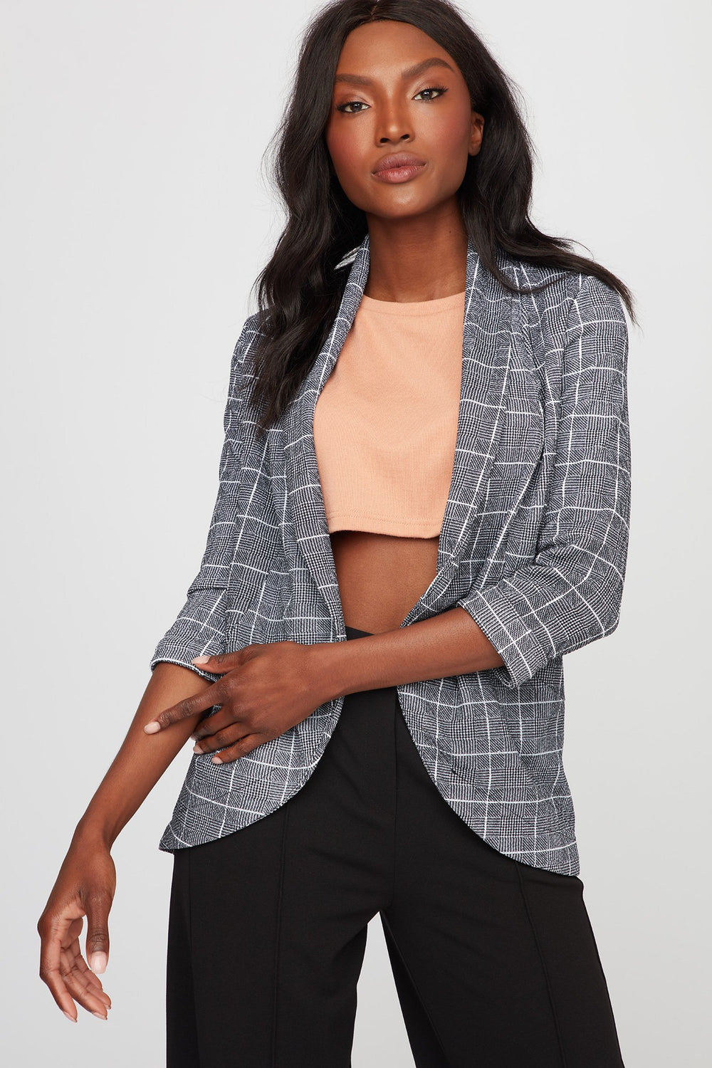 Women Open-Front Printed Blazer Black with White