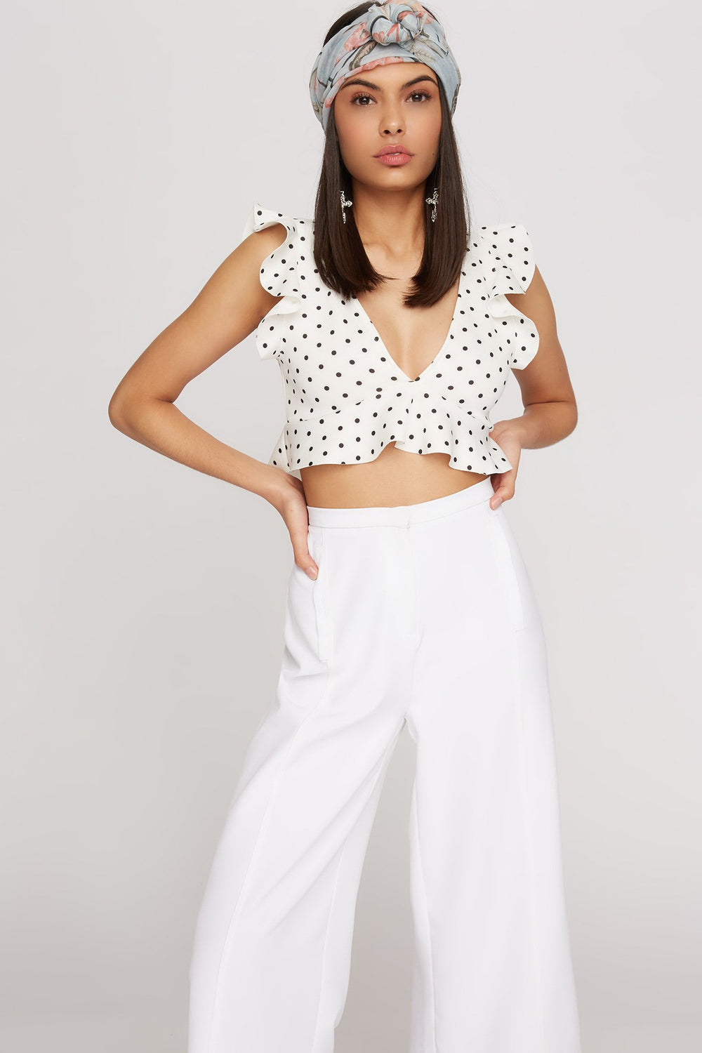 Women Printed Scuba V-Neck Ruffle Cropped Blouse Black with White