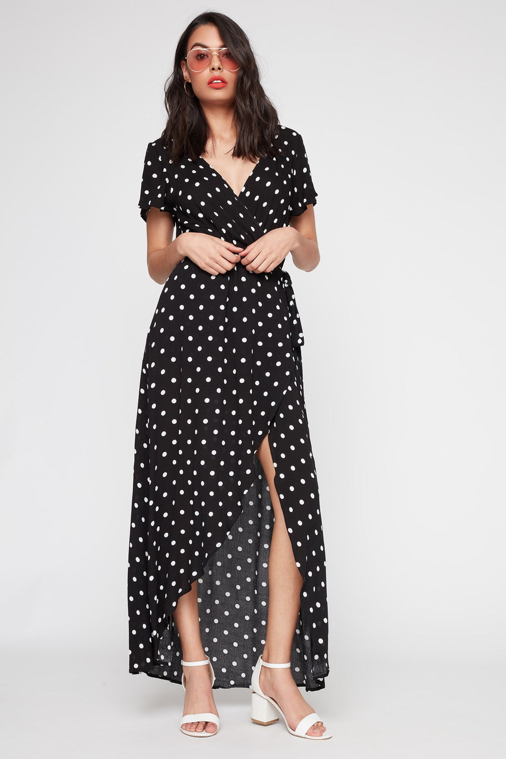 Women Short Sleeve Printed Maxi Wrap Dress Black with White