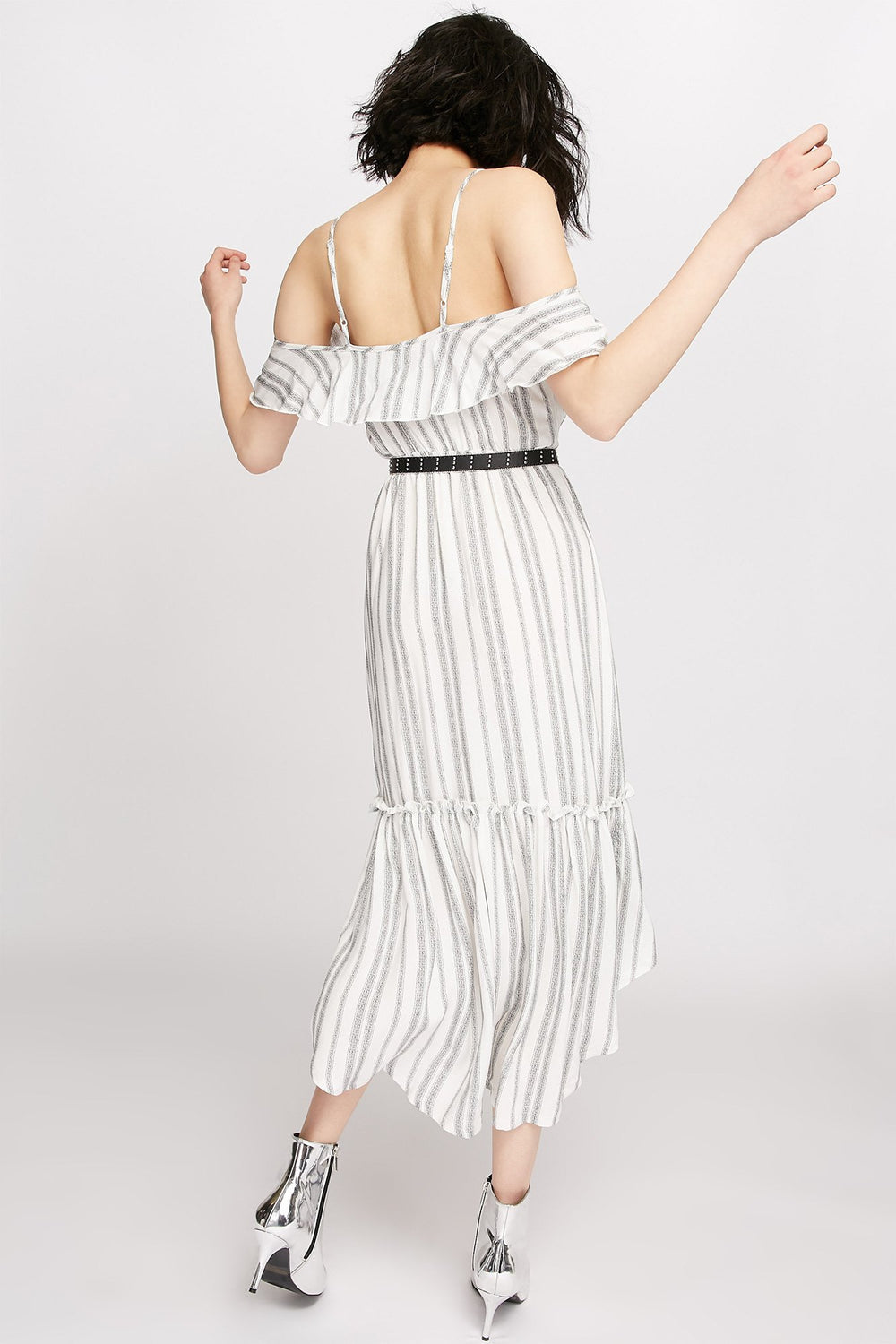 Women Cold Shoulder Printed Ruffle High-Low Maxi Dress Black with White