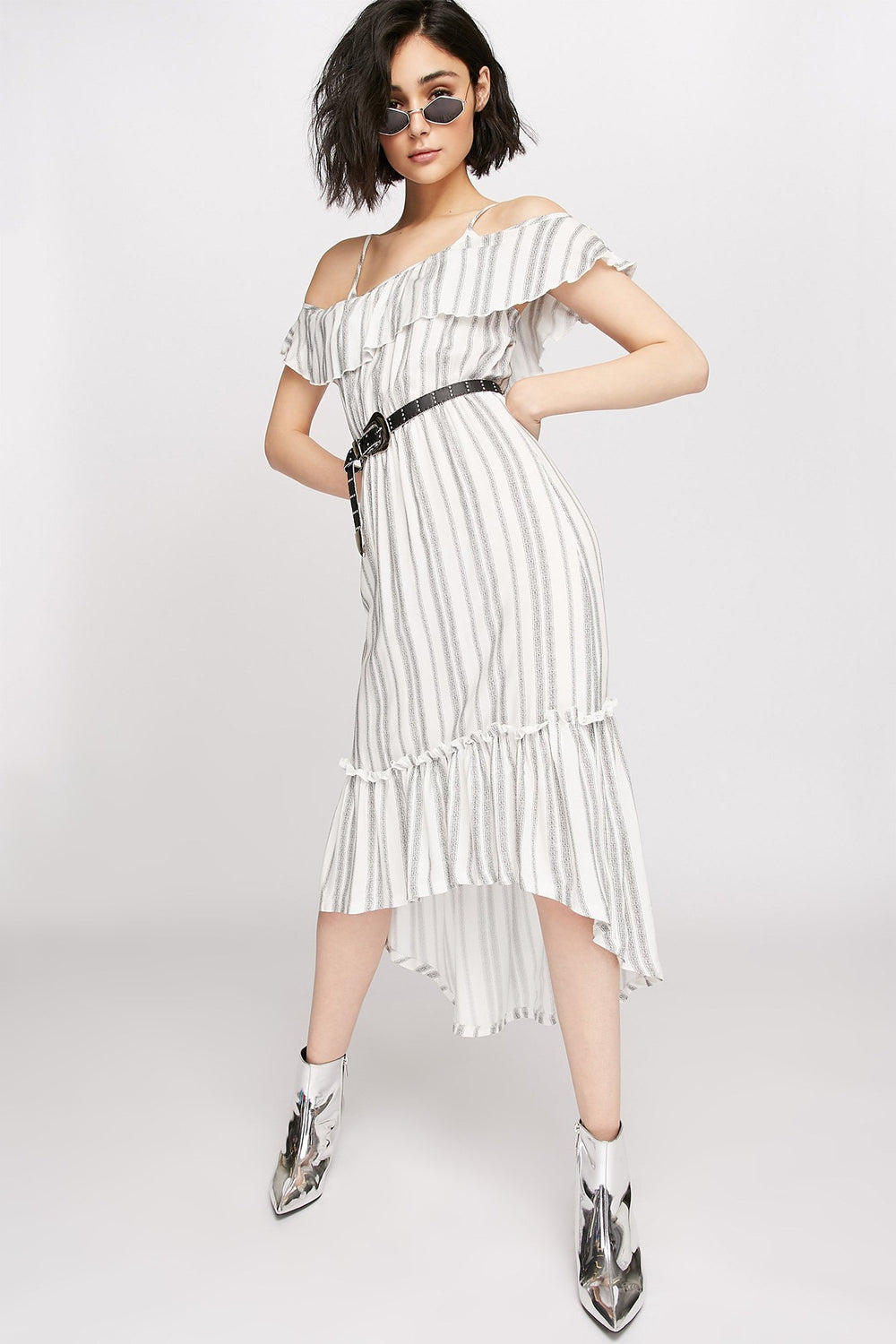 Women Cold Shoulder Printed Ruffle High-Low Maxi Dress Black with White