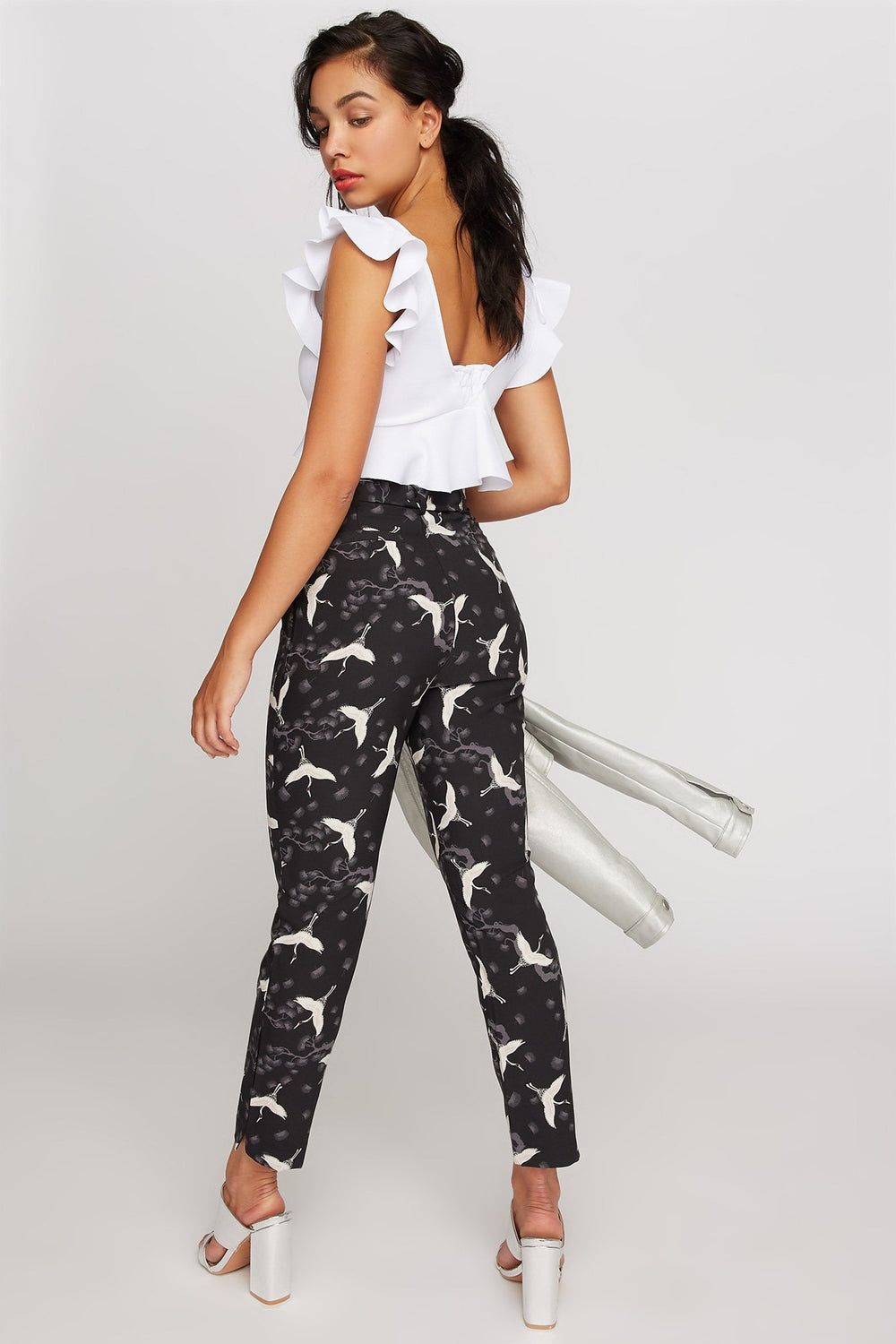 Women Cropped Bird Print Self-Tie Skinny Pant Black with White