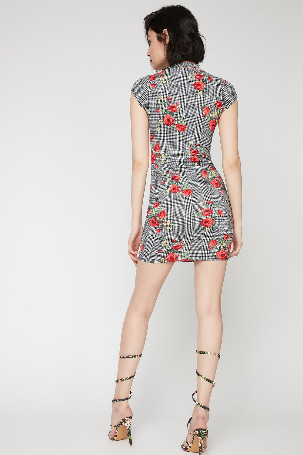 Women Floral Mock Neck Bodycon Dress Black with White