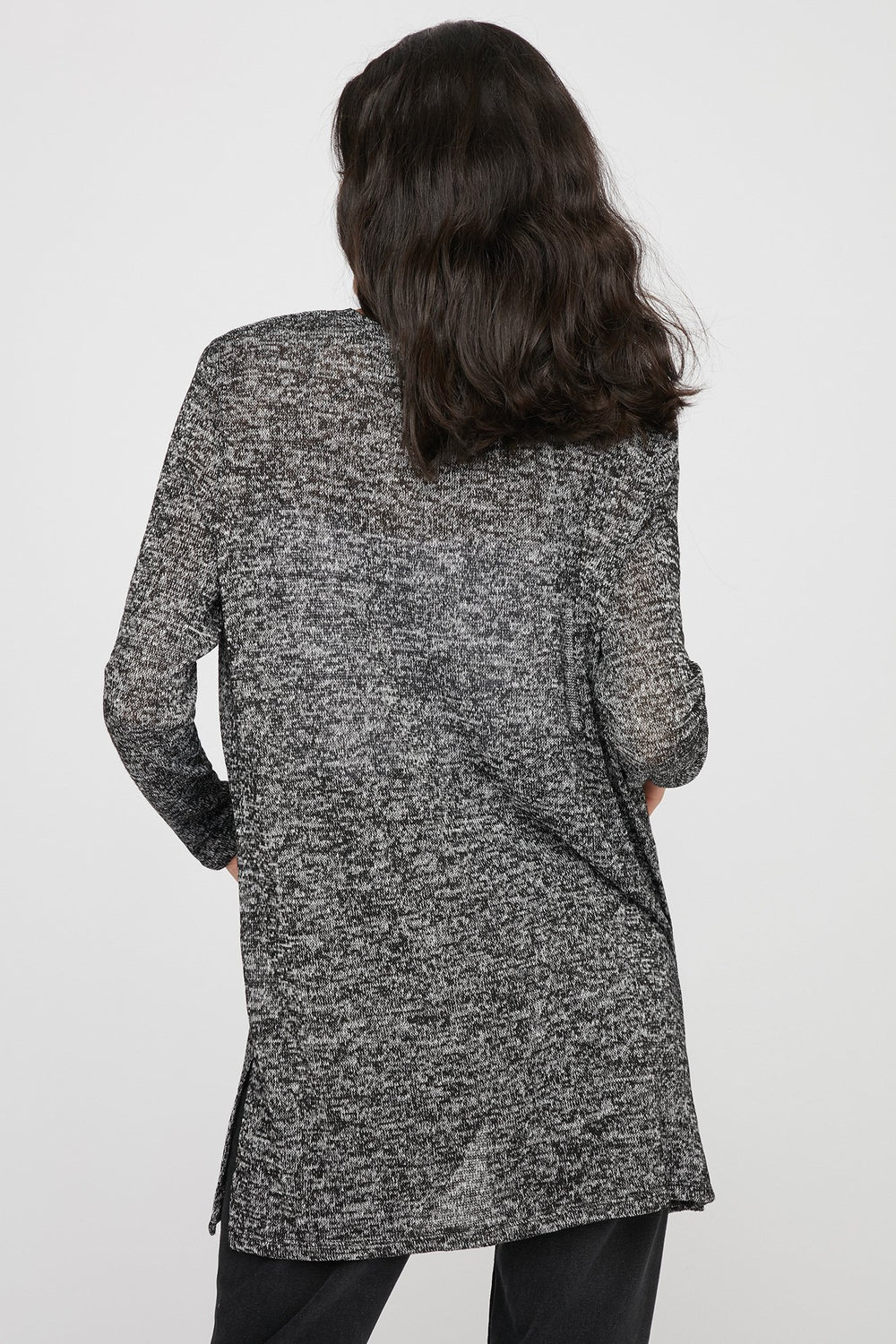 Women Open-Front Basic Longline Cardigan Black with White