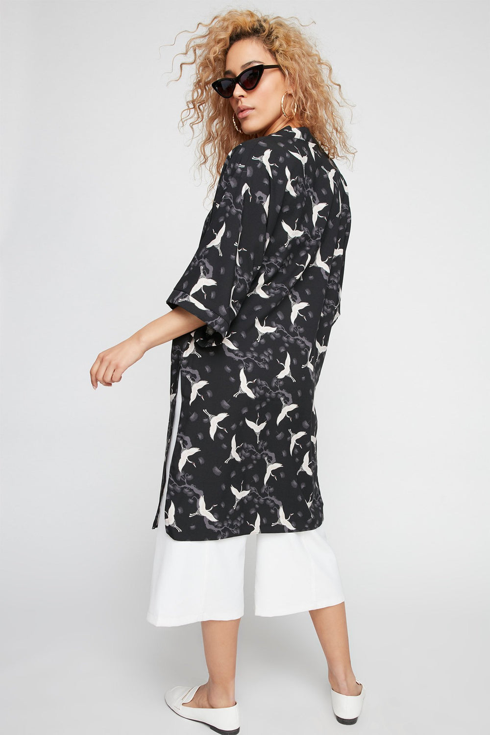 Women Open-Front Floral Side Slit Kimono Cardigan Black with White