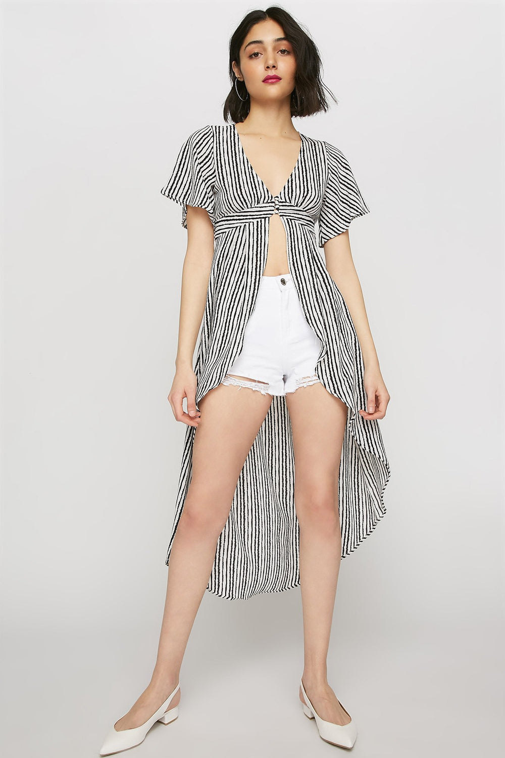 women Printed High-Low Button Front Kimono Cardigan Black with White