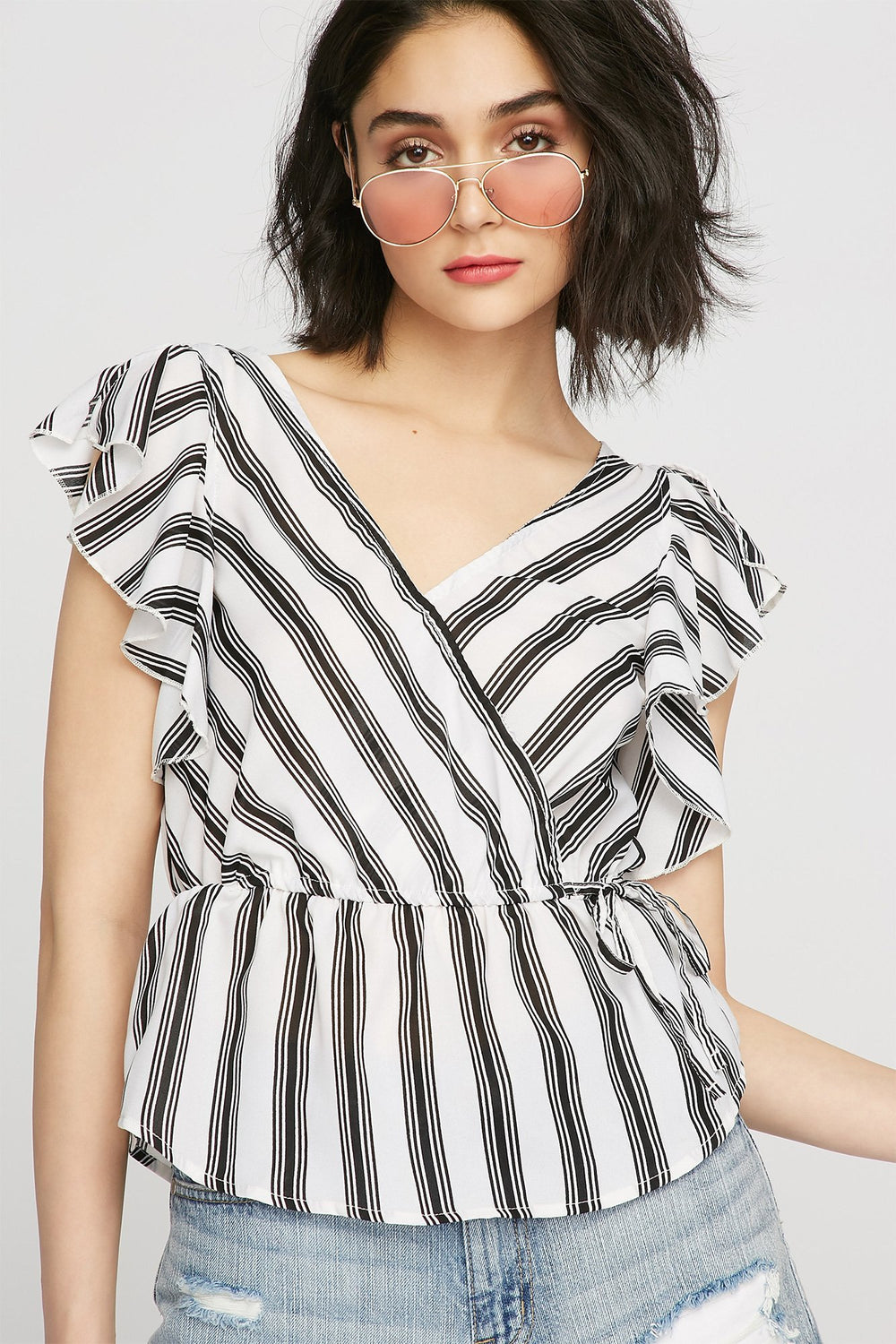 Women Printed Ruffle Faux-Wrap Blouse Black with White