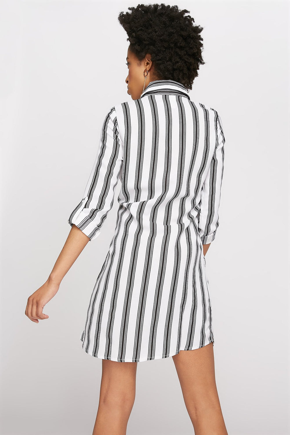 Women Printed Self-Tie Long Sleeve Button-Up Dress Black with White